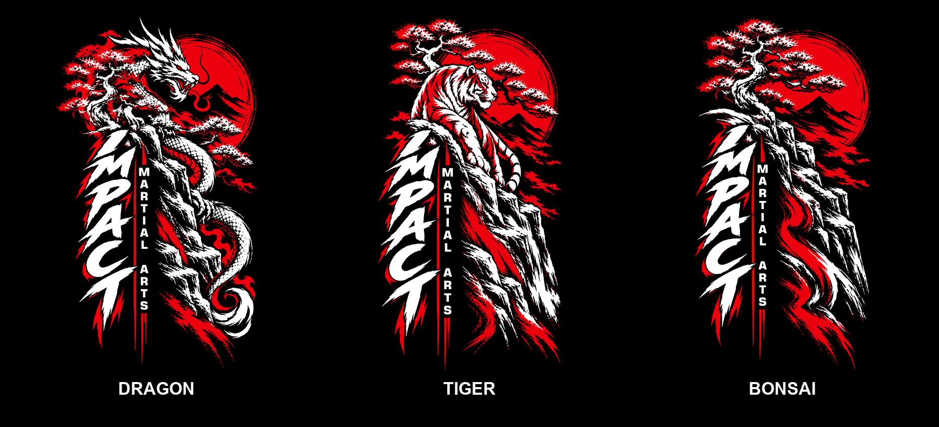 Dragon, Tiger, and Bonsai Impact Martial Arts designs